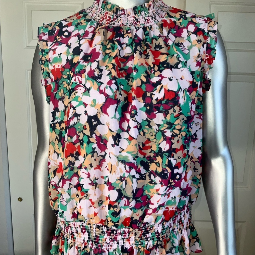 J.CREW Red Floral Print Ruffle Neck Top Women Size 12 Sleeveless - Picture 2 of 9
